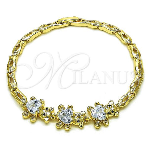 Oro Laminado Fancy Bracelet, Gold Filled Style Teddy Bear Design, with White Cubic Zirconia and Black Micro Pave, Polished, Golden Finish, 03.284.0034.08