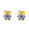 Oro Laminado Stud Earring, Gold Filled Style Flower Design, with Amethyst Cubic Zirconia, Polished, Golden Finish, 02.310.0042