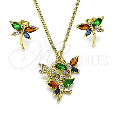 Oro Laminado Earring and Pendant Adult Set, Gold Filled Style Dragon-Fly Design, with Multicolor Cubic Zirconia and White Micro Pave, Polished, Golden Finish, 10.284.0035