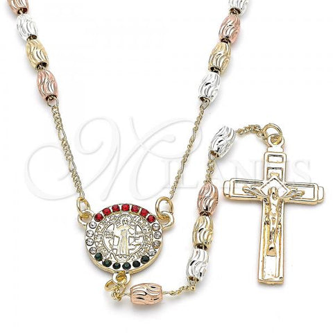 Oro Laminado Thin Rosary, Gold Filled Style San Benito and Crucifix Design, with Multicolor Crystal, Diamond Cutting Finish, Tricolor, 09.351.0007.2.26