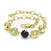 Oro Laminado Fancy Bracelet, Gold Filled Style Heart and Evil Eye Design, Black Resin Finish, Golden Finish, 03.63.1902.08