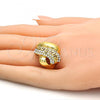 Oro Laminado Multi Stone Ring, Gold Filled Style Greek Key Design, with White Crystal, Polished, Golden Finish, 01.241.0040.10 (Size 10)