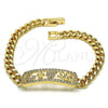 Oro Laminado Fancy Bracelet, Gold Filled Style Curb and Elephant Design, with White Micro Pave, Polished, Golden Finish, 03.283.0257.07