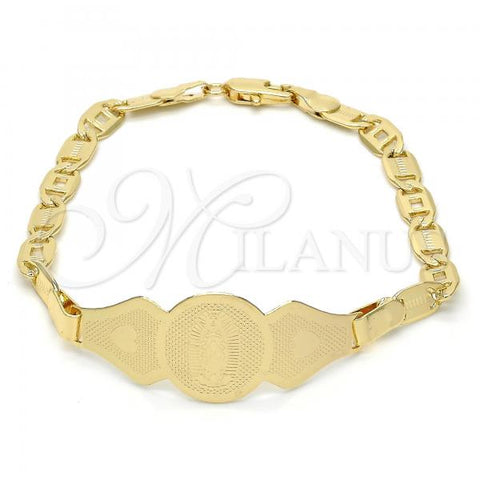 Oro Laminado ID Bracelet, Gold Filled Style Guadalupe and Heart Design, Polished, Golden Finish, 03.63.1939.07