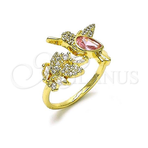 Oro Laminado Multi Stone Ring, Gold Filled Style Bird and Leaf Design, with Pink and White Cubic Zirconia, Polished, Golden Finish, 01.196.0023.2