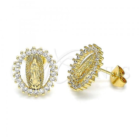 Oro Laminado Stud Earring, Gold Filled Style Guadalupe Design, with White Cubic Zirconia, Polished, Golden Finish, 02.344.0087.2