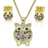 Oro Laminado Earring and Pendant Adult Set, Gold Filled Style Owl Design, with Multicolor Micro Pave, Polished, Golden Finish, 10.156.0343.1
