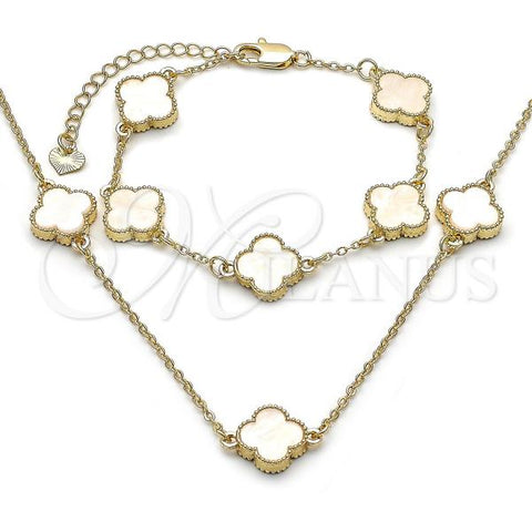 Oro Laminado Necklace and Bracelet, Gold Filled Style Four-leaf Clover and Rolo Design, with Ivory Mother of Pearl, Polished, Golden Finish, 06.120.0001.3