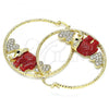 Oro Laminado Large Hoop, Gold Filled Style Elephant and Heart Design, with White and Black Crystal, Red Resin Finish, Golden Finish, 02.380.0051.50