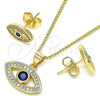 Oro Laminado Earring and Pendant Adult Set, Gold Filled Style Evil Eye Design, with Sapphire Blue and White Micro Pave, Polished, Golden Finish, 10.156.0342