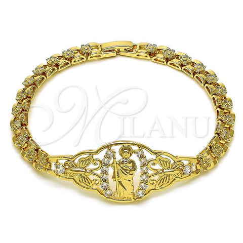 Oro Laminado Fancy Bracelet, Gold Filled Style San Judas and Butterfly Design, with White Cubic Zirconia, Polished, Golden Finish, 03.283.0412.07