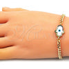 Oro Laminado Fancy Bracelet, Gold Filled Style Hand of God Design, with White Mother of Pearl and Multicolor Micro Pave, Polished, Golden Finish, 03.368.0087.08
