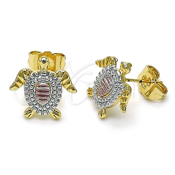 Oro Laminado Stud Earring, Gold Filled Style Turtle Design, Polished, Tricolor, 02.196.0146