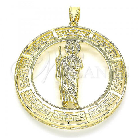 Oro Laminado Religious Pendant, Gold Filled Style San Judas and Evil Eye Design, Polished, Golden Finish, 05.253.0099