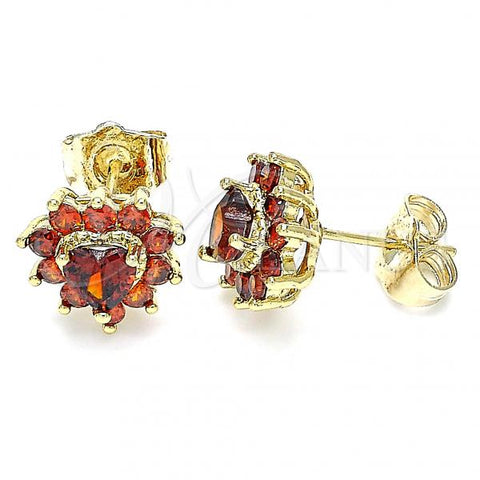 Oro Laminado Stud Earring, Gold Filled Style Heart Design, with Garnet Cubic Zirconia, Polished, Golden Finish, 02.346.0004