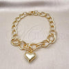 Oro Laminado Fancy Bracelet, Gold Filled Style Heart and Miami Cuban Design, Polished, Golden Finish, 03.331.0293.08