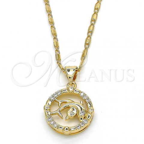 Oro Laminado Pendant Necklace, Gold Filled Style Dolphin Design, with White Cubic Zirconia, Polished, Golden Finish, 04.156.0156.20
