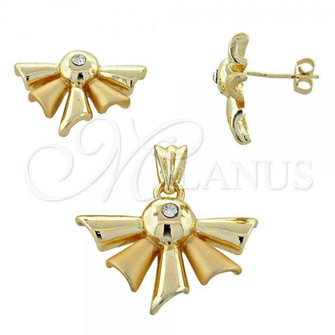 Oro Laminado Earring and Pendant Adult Set, Gold Filled Style with White Crystal, Polished, Golden Finish, 10.59.0191