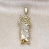 Oro Laminado Religious Pendant, Gold Filled Style San Judas Design, with White Crystal, Polished, Golden Finish, 05.411.0060