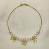 Oro Laminado Fancy Anklet, Gold Filled Style Butterfly and Ball Design, with Ivory Pearl, Polished, Golden Finish, 03.32.0634.10