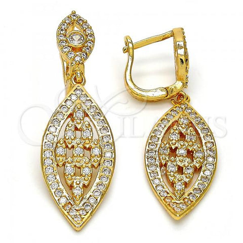 Oro Laminado Dangle Earring, Gold Filled Style Leaf Design, with White Cubic Zirconia, Polished, Golden Finish, 02.206.0052