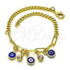 Oro Laminado Charm Bracelet, Gold Filled Style Evil Eye and Paperclip Design, with White Crystal, Blue Resin Finish, Golden Finish, 03.63.2240.08