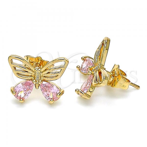 Oro Laminado Stud Earring, Gold Filled Style Butterfly Design, with Pink Cubic Zirconia, Polished, Golden Finish, 02.387.0007