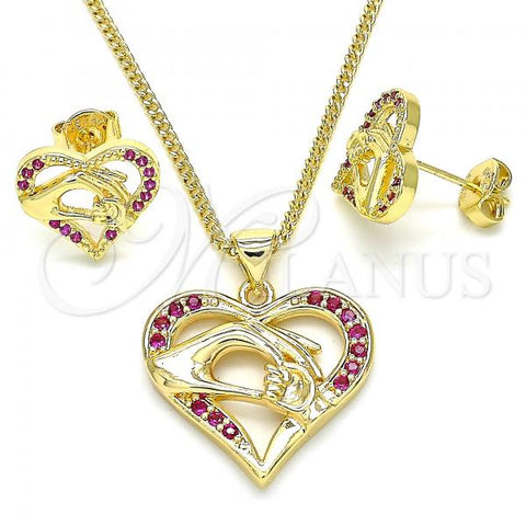 Oro Laminado Earring and Pendant Adult Set, Gold Filled Style Heart and Hand Design, with Ruby Micro Pave, Polished, Golden Finish, 10.156.0275.1