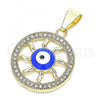 Oro Laminado Fancy Pendant, Gold Filled Style Evil Eye and Sun Design, with White Crystal, Blue Enamel Finish, Golden Finish, 05.213.0121