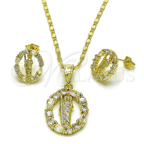 Oro Laminado Earring and Pendant Adult Set, Gold Filled Style San Judas Design, with White Cubic Zirconia, Polished, Golden Finish, 10.411.0013