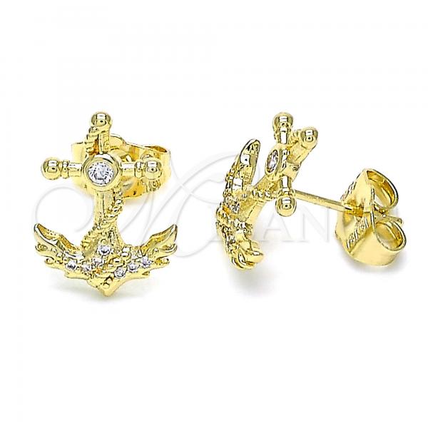 Oro Laminado Stud Earring, Gold Filled Style Anchor Design, with White Micro Pave and White Cubic Zirconia, Polished, Golden Finish, 02.156.0571