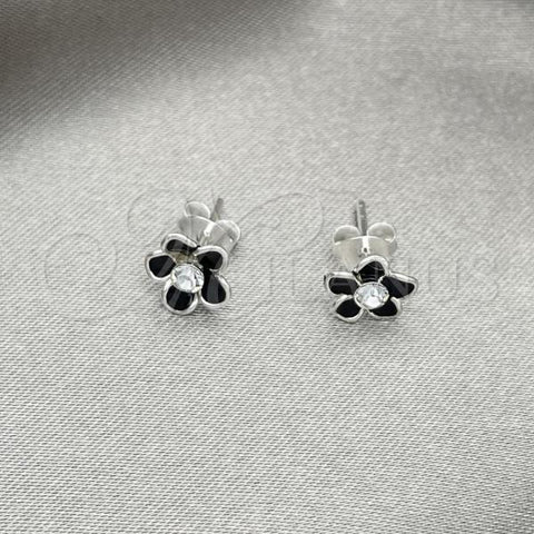 Sterling Silver Stud Earring, Flower Design, Black Enamel Finish, Silver Finish, 02.406.0005.01