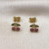 Oro Laminado Stud Earring, Gold Filled Style Cherry Design, with Ruby and Green Micro Pave, Polished, Golden Finish, 02.344.0166
