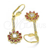 Oro Laminado Long Earring, Gold Filled Style Flower Design, with Garnet and White Cubic Zirconia, Polished, Golden Finish, 02.210.0197.1