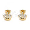 Oro Laminado Stud Earring, Gold Filled Style Crown Design, with White Micro Pave, Polished, Golden Finish, 02.213.0295