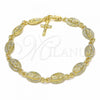 Oro Laminado Charm Bracelet, Gold Filled Style Guadalupe and Crucifix Design, Polished, Golden Finish, 03.351.0047.1.08