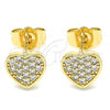 Oro Laminado Stud Earring, Gold Filled Style Heart Design, with White Micro Pave, Polished, Golden Finish, 02.210.0409