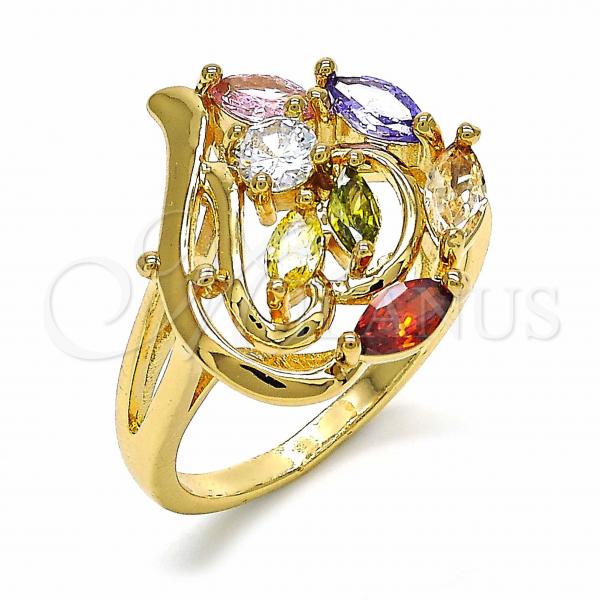 Oro Laminado Multi Stone Ring, Gold Filled Style Heart Design, with Multicolor Cubic Zirconia, Polished, Golden Finish, 01.365.0014.07 (Size 7)