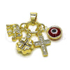 Oro Laminado Fancy Pendant, Gold Filled Style Cross and Elephant Design, with White Micro Pave and Garnet Crystal, Polished, Golden Finish, 05.213.0167