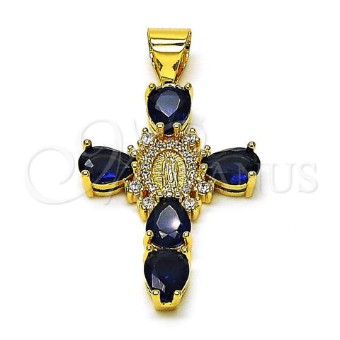 Oro Laminado Religious Pendant, Gold Filled Style Cross and Guadalupe Design, with Sapphire Blue and White Cubic Zirconia, Polished, Golden Finish, 05.342.0228.1