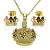 Oro Laminado Earring and Pendant Adult Set, Gold Filled Style Crown Design, with Multicolor Cubic Zirconia and White Micro Pave, Polished, Golden Finish, 10.210.0171