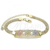 Oro Laminado Fancy Bracelet, Gold Filled Style Flower Design, with White Crystal, Polished, Tricolor, 03.380.0024.08