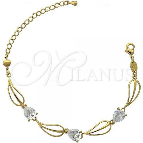 Oro Laminado Fancy Bracelet, Gold Filled Style Leaf Design, with White Cubic Zirconia, Polished, Golden Finish, 5.028.011