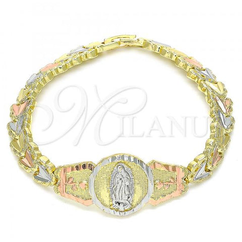 Oro Laminado Fancy Bracelet, Gold Filled Style Guadalupe and Flower Design, Diamond Cutting Finish, Tricolor, 03.380.0100.07