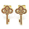 Oro Laminado Stud Earring, Gold Filled Style key Design, with Garnet Micro Pave, Polished, Golden Finish, 02.344.0062.1