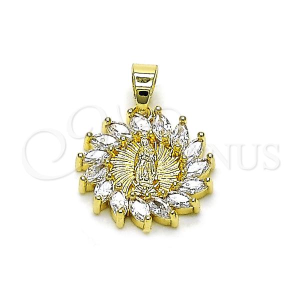 Oro Laminado Religious Pendant, Gold Filled Style Guadalupe Design, with White Cubic Zirconia, Polished, Golden Finish, 05.210.0006