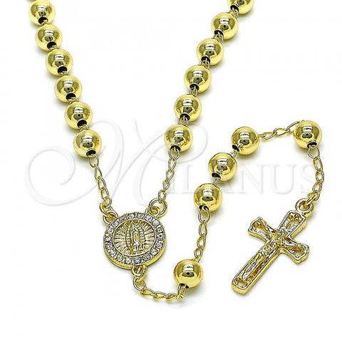 Oro Laminado Medium Rosary, Gold Filled Style Guadalupe and Crucifix Design, with White Crystal, Polished, Golden Finish, 09.213.0038.26