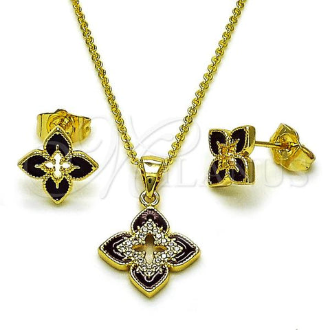 Oro Laminado Earring and Pendant Adult Set, Gold Filled Style Four-leaf Clover Design, with White Micro Pave, Red Enamel Finish, Golden Finish, 10.156.0525
