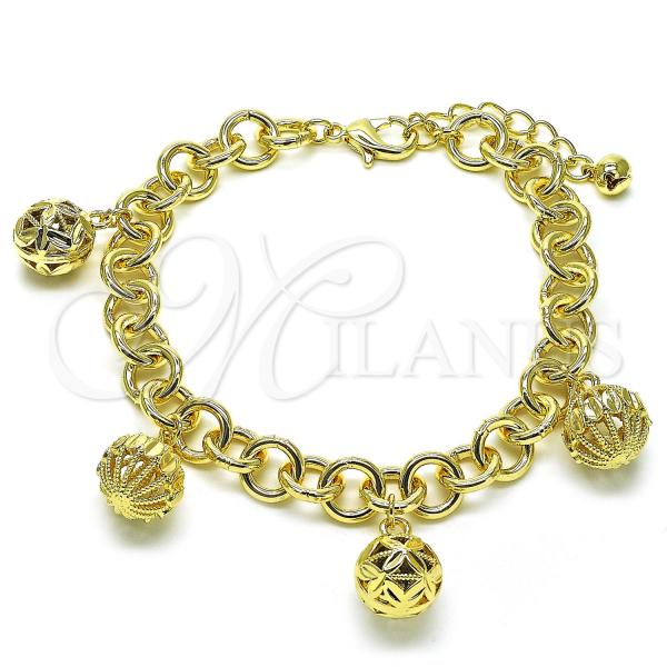 Oro Laminado Charm Bracelet, Gold Filled Style Ball and Rolo Design, Diamond Cutting Finish, Golden Finish, 03.331.0305.08