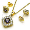 Oro Laminado Earring and Pendant Adult Set, Gold Filled Style with Amethyst Cubic Zirconia and White Micro Pave, Polished, Golden Finish, 10.344.0016.4